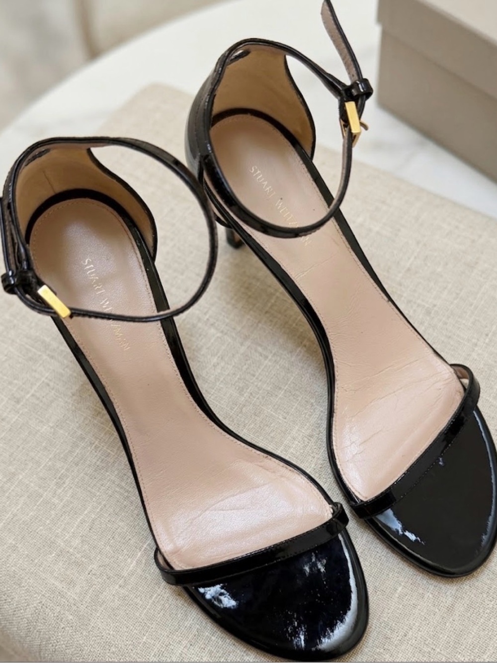 Stuart Weitzman Black Patent Leather Ankle-Strap Heels Size 9.5